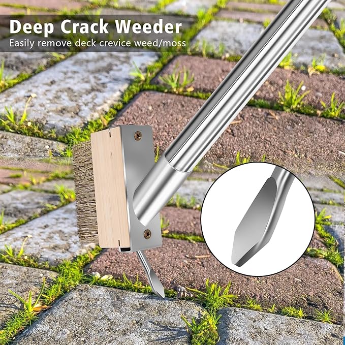 Wire Scrub Brushes with 65in Handle for Concrete Pavers Moss Remover | Heavy Duty Wire Broom, Crack Weeder Puller for Outdoor Deck Patios Walkways Floor Cleaning, Detachable Long Handle