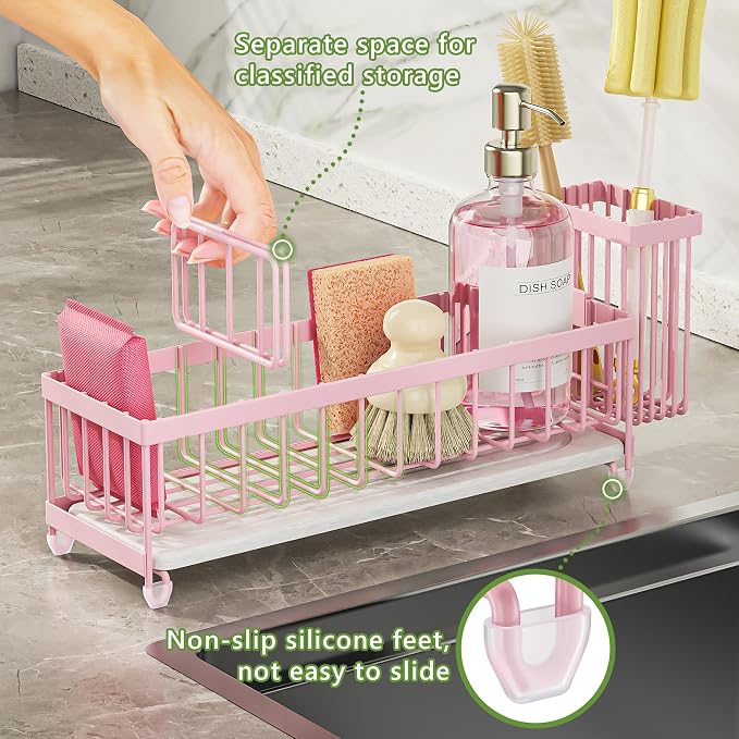 Cisily Extra Large Sink Caddy Organizer with Drying Stone, Pink Sponge Holder for Kitchen, Dish Brush Holder for Countertop, Kitchen Decor Storage and Essentials