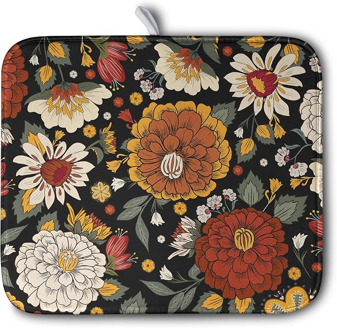 Vintage Floral Dish Drying Mat for Kitchen Counter Retro Sunflower Floral Absorbent Microfiber Dry Dish Mat Reversible Washable Dish Drainer Rack Mat 16x18 Inch