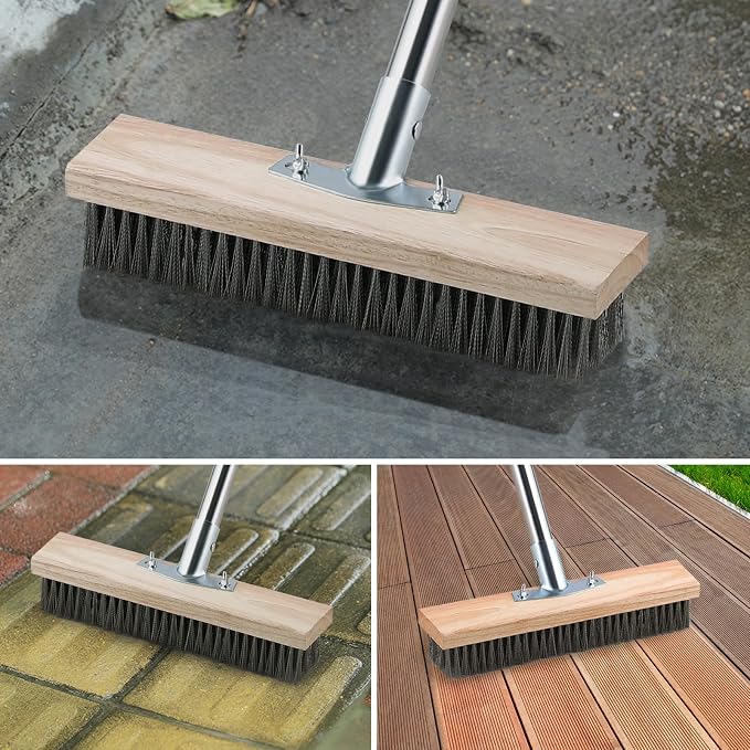 Mitclear Heavy Duty Wire Broom with Telescopic Handle(57IN), Stiff Metal Bristle Brush for Removing Weed Moss, Outdoor Floor Scrub Brush for Patio, Deck, Garden, Concrete, Garage