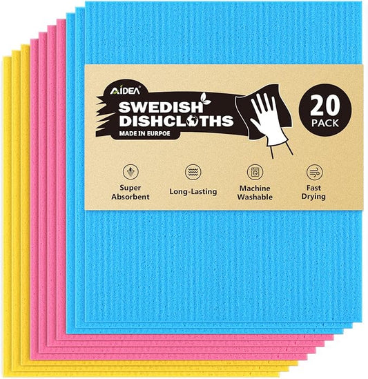 AIDEA Swedish Dishcloths for Kitchen, 20PK, Reusable Paper Towels, 7"×6" | Kitchen Washcloths Dish Rags, No Odor Reusable Cleaning Cloths, Cellulose Sponge Cloths