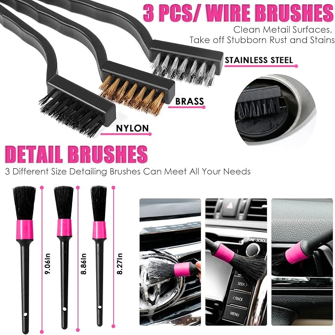 20PCS Car Cleaning Kit, Pink Car Interior Detailing Kit with Drill Brush Set, Windshield Cleaning Tool, Detailing Brushes, Wire Brushes, Cleaning Gel, Complete Cleaning Supplies for Women