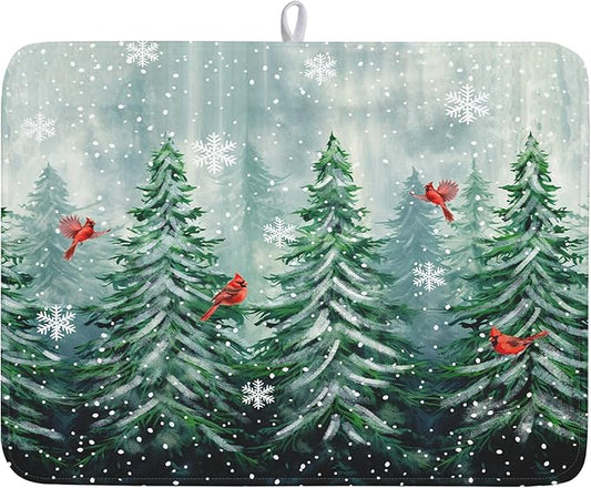 Winter Pines Tree Dish Drying Mats for Kitchen Counter, Christmas Tree Dish Mat Absorbent Reversible Microfiber Dish Drying Pad Winter Kitchen Drying Mat Dish Drainer Rack Mats for Coffee Bar 18"x24"