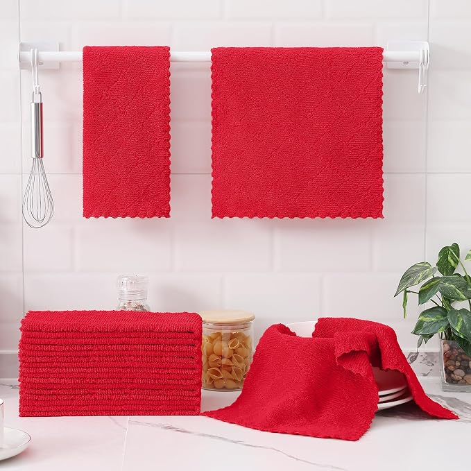 Homaxy 12 Pack Dish Towels for Kitchen (10 x 20 Inches, Red), Super Soft and Absorbent Coral Velvet Dish Cloths for Washing Dishes, Nonstick Oil Fast Drying Microfiber Cleaning Cloth