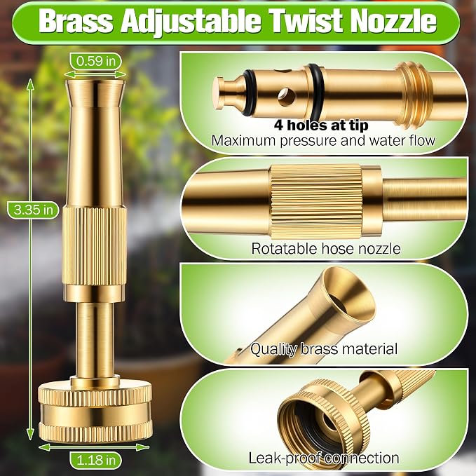 4 Pcs Brass Hose Nozzle Kit, Adjustable Twist Garden Hose Nozzle with High Pressure Jet Spray, Brass Shut off Valve, 10 Rubber Washers, 3/4 Inch Ght for Watering Plants, Car Wash, Cleaning