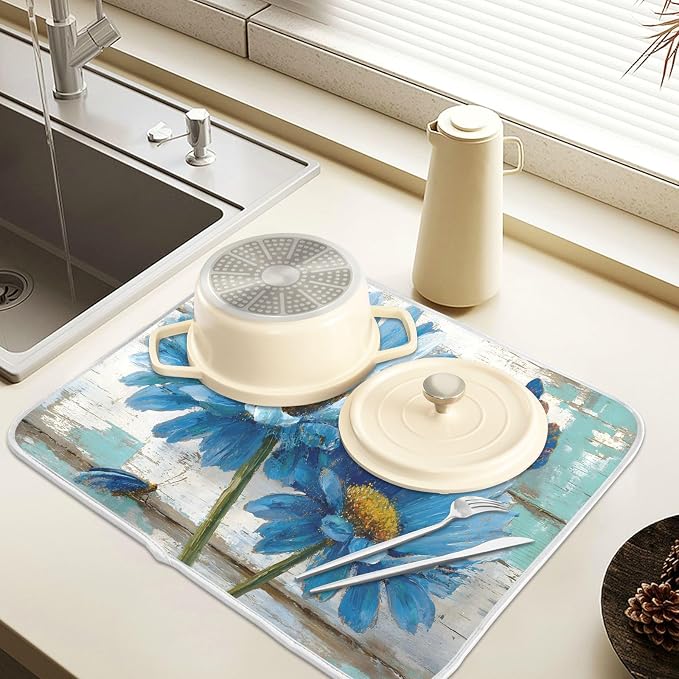 Rustic Daisy Blue on Vintage Wooden Dish Drying Mat for Kitchen Counter Absorbent Microfiber Small Drying Pad Dish Mats for Kitchen Countertops 16 x 18 Inch