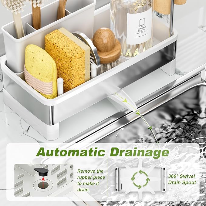 Ewaiira Stainless Steel Sink Caddy, Sponge Holder for Kitchen Sink with Brush Holder & Dishcloth Rack, Rustproof Organizer Countertop, Soap Dispenser Kitchen Organizers Storage Essentials, White 9.8″