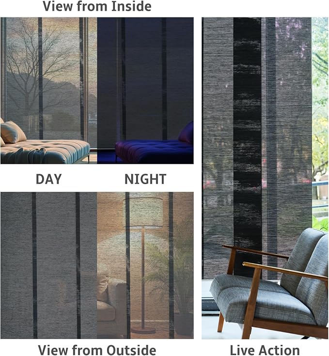 Replacement Fabric Panels for Sliding Glass Door (4-Pack, 23"x96"), Fabric Only, Natural Woven Blind Slats, Trimmable, Sheer, Track & Bottom Rail Not Included,Charcoal Black
