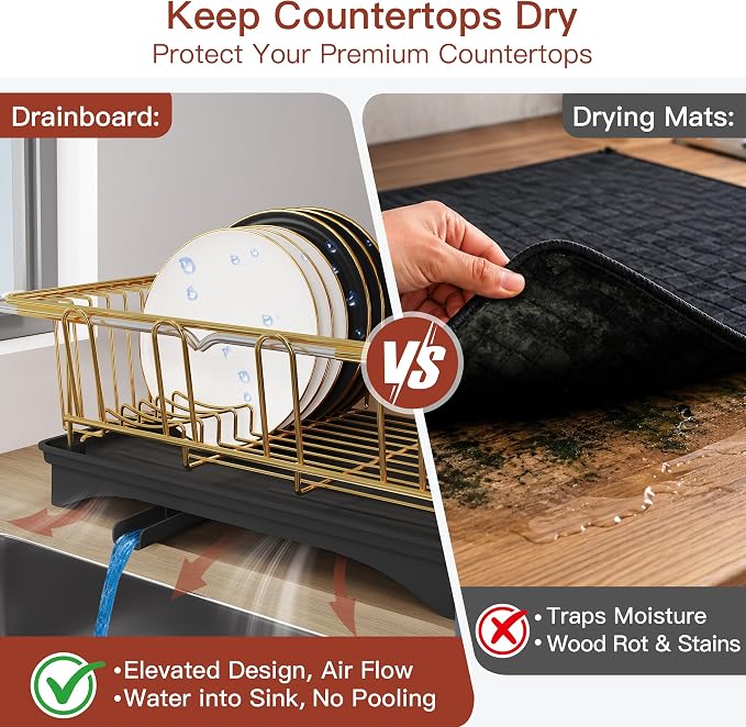 JASIWAY Gold Dish Drying Rack in Sink, Expandable Stainless Steel Dish Drainers with Drainboard for Kitchen Counter, Space Saving Dish Dryer Rack, Over The Sink Dish Racks with Utensil Holder