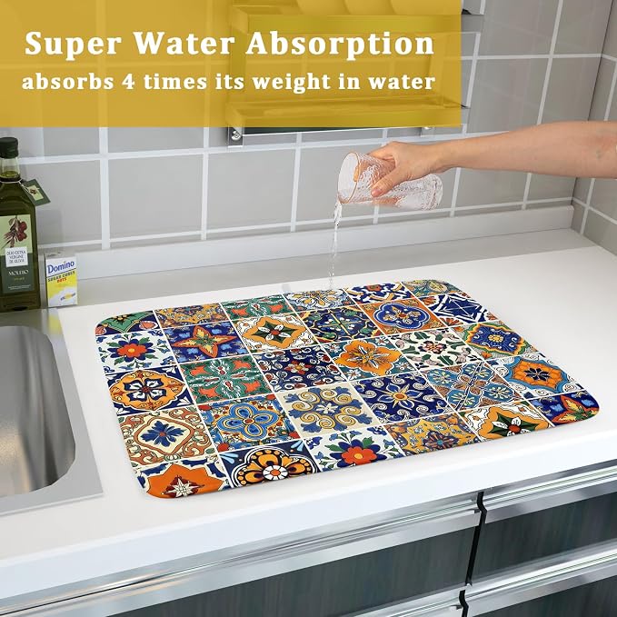 Talavera Mexican Tiles Dish Drying Mat for Kitchen Counter 18x24 Inch Mexican Flower Decorations Dish Draining Mat Mexican Tilt Fast Absorbent Tableware Dishes Pad for Coffee Bar Countertop