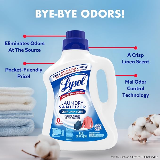 Lysol Laundry Sanitizer Additive, Bacteria-Causing Laundry Odor Eliminator, Detergent Additive, Crisp Linen, 90oz