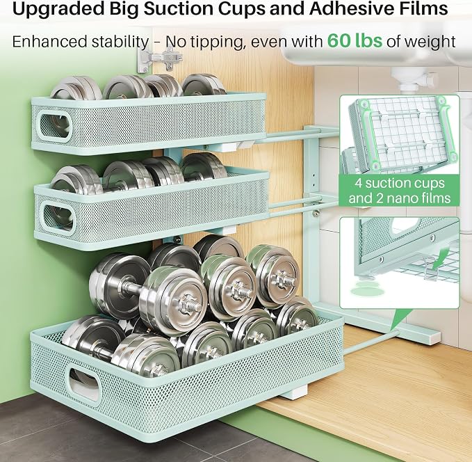 Under Sink Organizer, 1-Pack 3-Tier Height Adjustable Thickened Metal Pull out Cabinet Organizer Shelf, Slide out Storage Drawer Rack for Bathroom Kitchen Pantry Home Organization, LightBlue