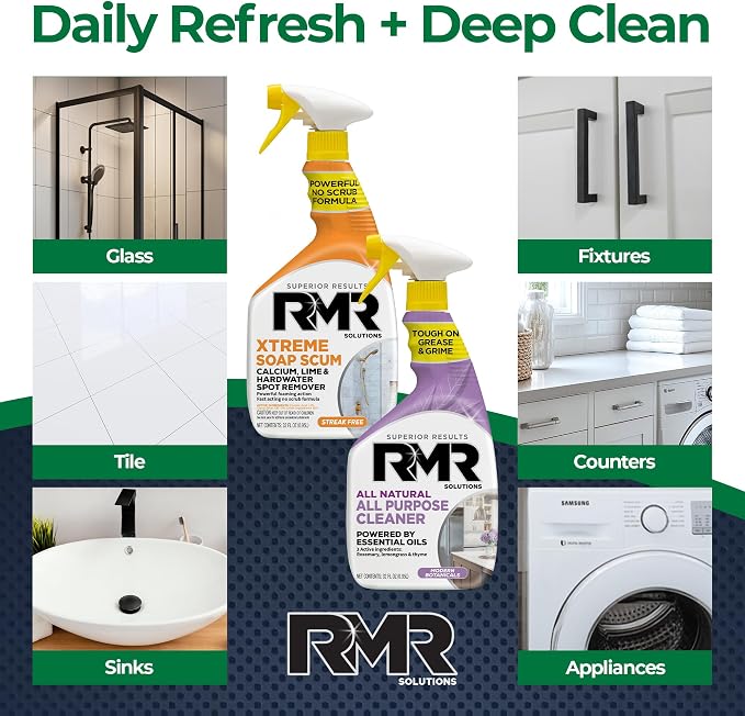 RMR Clean Slate System – Xtreme Soap Scum Remover + All Natural All Purpose Cleaner, 2-Step Bathroom & Household Cleaning Bundle for Shower, Tub, Tile, Glass & Surfaces, 2–32 Oz Bottles