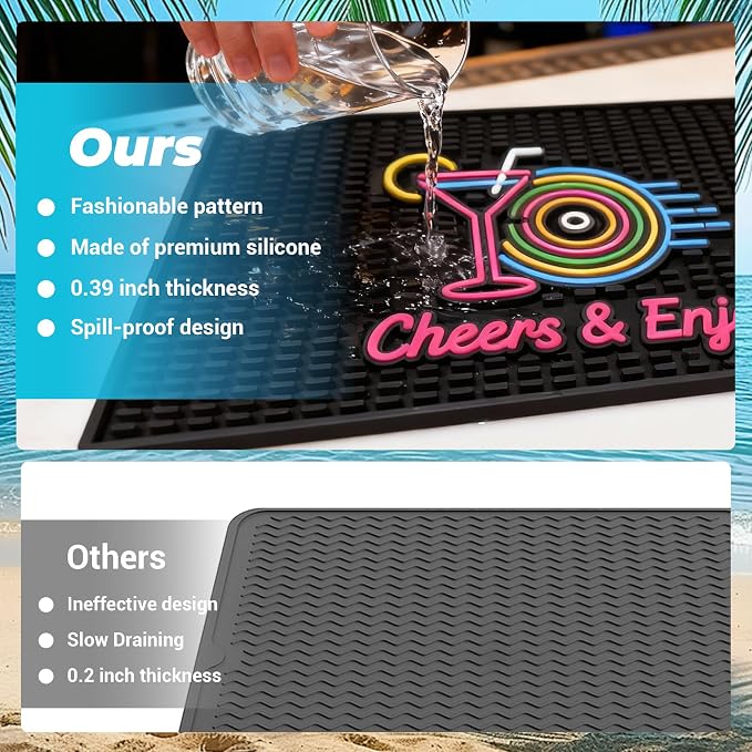 Neon Tiki Black Bar Mat 18 x 12 Inch - Thick Rubber Bar Mats for Countertop and Bartending - Professional Bar Spill Mat for Home Bar Accessories, Bar Cart Decor and Bartender Accessories （XLCY）