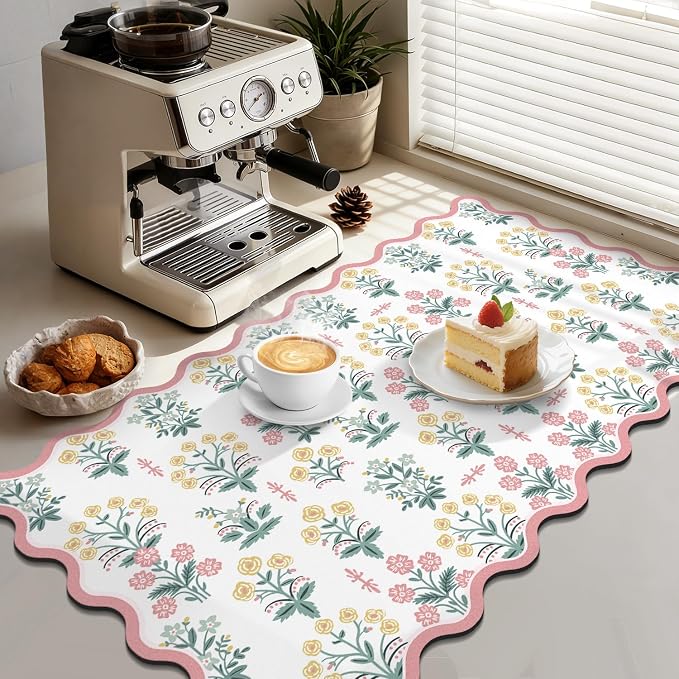 LOKHOM Scalloped Floral Dish Drying Mat, 17"x32" Super Absorbent Coffee Mat with Unique Pink Pastoral Floral, Cuttable Hide Stain Non-slip Drying Mat for Kitchen Counter Coffee Maker Espresso Machine