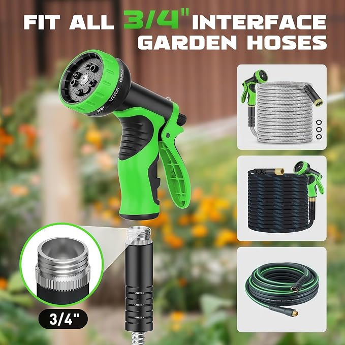 Garden Hose Nozzle with 10 Spray Patterns – High Pressure Water Sprayer for Car Washing, Pet Bathing & Lawn Care with Lock Feature & Comfort Grip – Fits All 3/4" Standard Hoses Thread