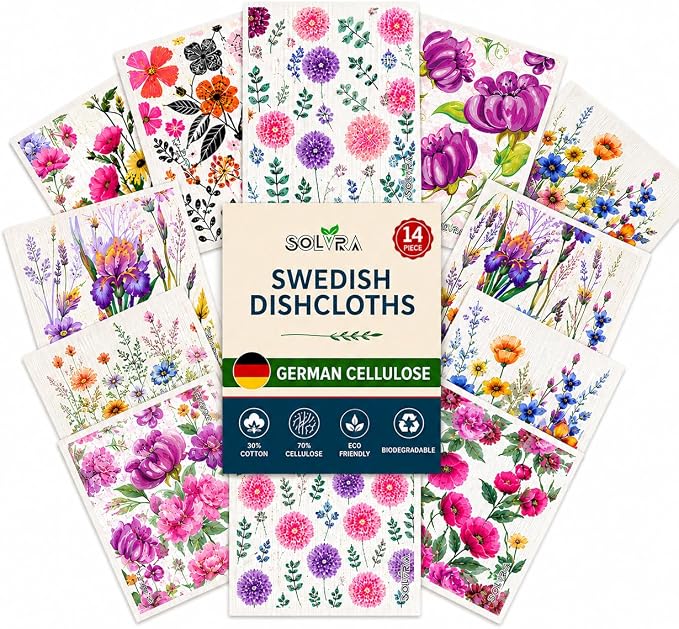 14 PCS Flower Print Swedish Dishcloths for Kitchen 100% Biodegradable, Reusable Cellulose Sponge Cloths Ultra Absorbent, Eco Friendly Cleaning Towels Dishcloths for Washing Dishes & General Cleaning