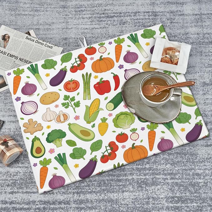 Vegetables Dish Drying Mat, for Farmhouse Kitchen Counter Microfiber Absorbent, Dish Draining Mat Extra Large 18"x24"