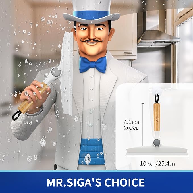 MR.SIGA Silicone Squeegee for Shower Door, Mirror, Glass, 10 inch, White | Streak free shower squeegee for windows, showers and glass surfaces, pivoting bamboo handle, includes 1 suction hook