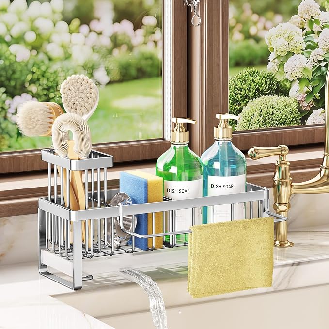 SWTYMIKI Sponge Holder for Kitchen Sink - Sink Caddy with Brush Holder Self-draining Sponge Caddy Organizer with Divider Stainless Steel Kitchen Accessories Storage for Countertop, Silver - Large