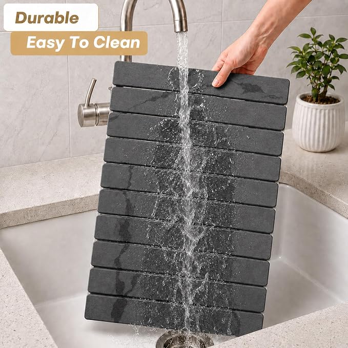 Stone Dish Drying Mat, Large Foldable Stone Drying Mat for Kitchen Counter & Bathroom, Quick Dry Organizer Pad Suitable for Plate Rack Utensils, Apartment Home Essentials Decor (Dark Gray 24"×16")