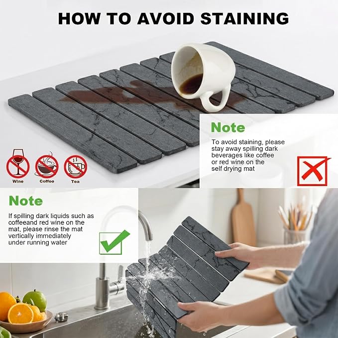 Stone Drying Mat for Kitchen Counter, Quick Diatomaceous Earth Mats for Dishes, 24"L x 16" W Super Absorbent Fast-Drying Collapsible Countertop Stone Mat (Marble Grey, 24" x 16")