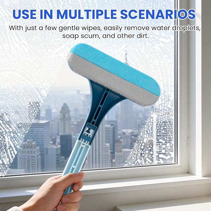 3-in-1 Screen Brush, Squeegee, Pet Hair & Crevice Tool, Cyan Blue | Wipes glass streak-free. Lifts hair from sofas & rugs, rinse & reuse, no refills. Detach for window tracks. Lightweight.