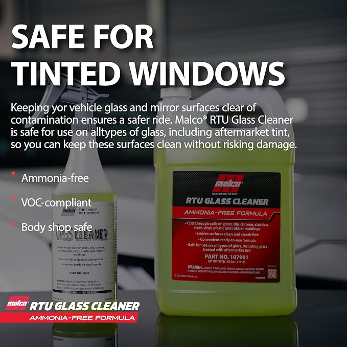 Malco Ready-To-Use Glass Cleaner - Streak-Free Removal of Dirt, Grease, Oils, & Bug Debris from Glass, Chrome, Tile, Stainless Steel, Vinyl, Rubber/Ammonia-Free & Tint Safe / 1 Gallon (107901)