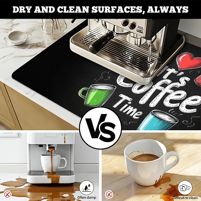 Dish Drying Mat Large Coffee Mat Absorbent Drying Mat for Kitchen Counter Coffee Bar Accessories 32"x 17", Coffee Time