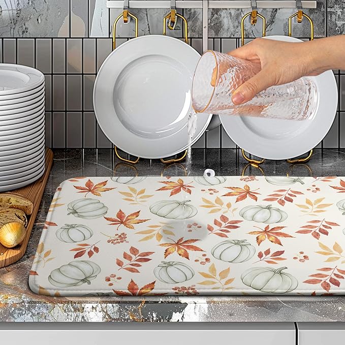 Fall Orange Maple Leaf Pumpkin Dish Drying Mat for Kitchen Counter Seasonal Autumn Thanksgiving Harvest Drying Mats Absorbent Microfiber Dishes Drainer Pad Holiday Dish Rack Mat 18x24 Inch