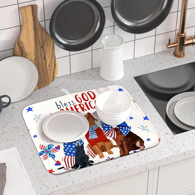 Giwawa 4th of July Patriotic Dogs Dish Drying Mat American Independence Day Dish Dry Pad 16"x18" Absorbent Dishes Drainer Mat for Kitchen Counter