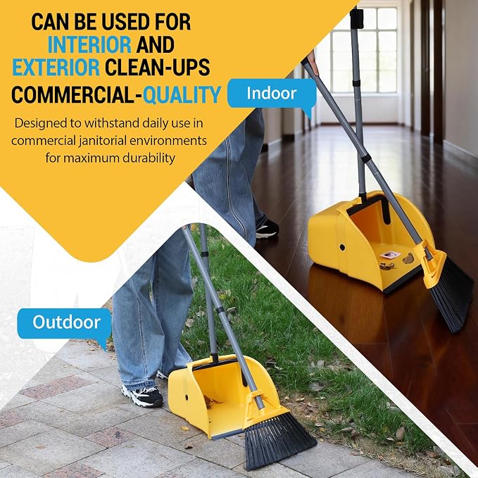 Commercial Broom and Dustpan Set, Jumbo Lobby Debris Dustpan (14inch*14inch), Heavy Duty Broom (14inch Width),for Indoor and Outdoor Cleaning,2 Sets, Yellow
