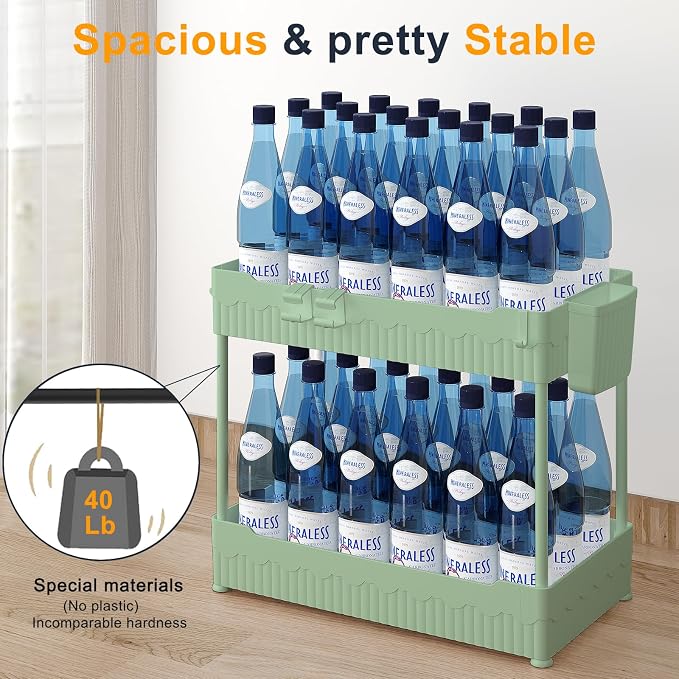 Sevenblue 2 Pack Under Sink Organizer, Under Bathroom Cabinet Organizer with Hooks Hanging Cup, Multi-Purpose Storage Shelf for Kitchen Bathroom (Green, 14.8 Inch)