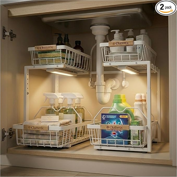 Under Sink Organizer with Motion-Activated LED Lights, 2 Pack, 2 Tier Sliding L-Shaped Carbon Steel Rack with Adjustable Height, Dividers & Hooks (White)