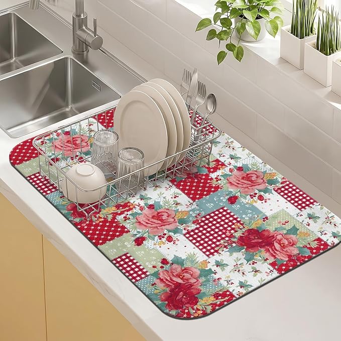 Kitchen Countertop Dish Drying Mat,Super Absorbent Coffee Bar Mat for Maker Espresso Machine, Anti-Slip Accessories for Kitchen Countertops 19x12 Inch
