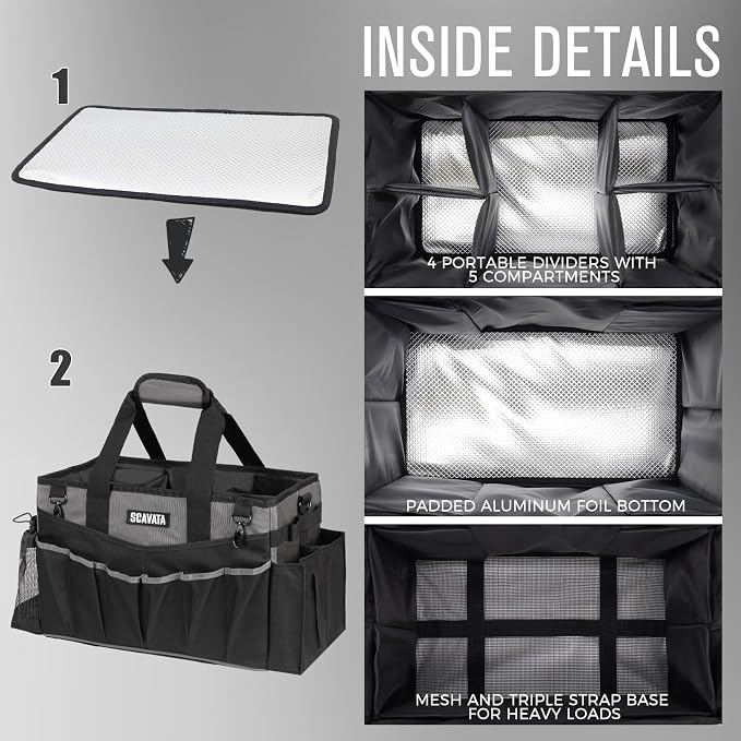 SCAVATA Wearable Cleaning Caddy Bag, Cleaning Caddy Supplies Organizer with Handle & Shoulder Straps for Housekeepers, Under Sink & Car Cleaning Tool Organizers with 4 Foldable Divider (DarkGrey)