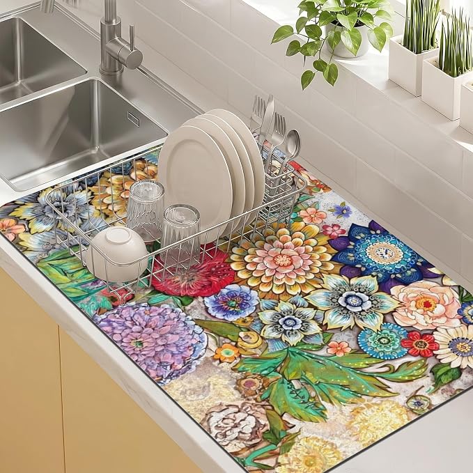 Kitchen Countertop Dish Drying Mat,Super Absorbent Coffee Bar Mat for Maker Espresso Machine, Anti-Slip Accessories for Kitchen Countertops 17x31 Inch
