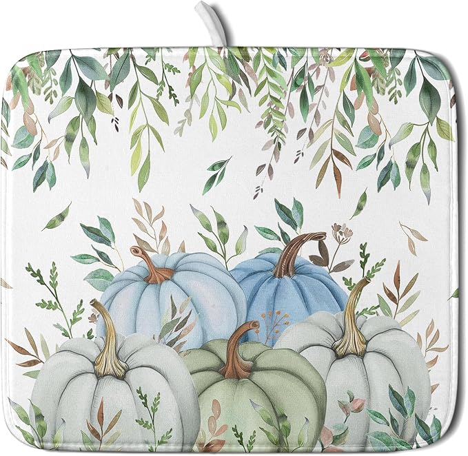 Giwawa Fall Blue Pumpkin Dish Drying Mat Autumn Harvest Dishes Pad 16"x18" Microfiber Quick Dry Dish Drainer Rack Mats Kitchen Counter Accessories