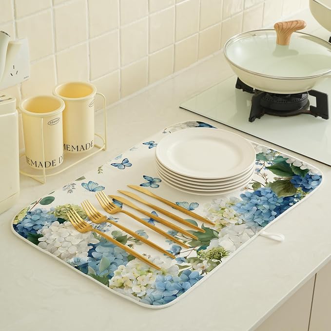 Spring Dish Drying Mat 18x24 Inches For Kitchen Counter Absorbent Watercolor Blue Hydrangea Butterfly Kitchen Decoration Summer Floral Drying Mat Pad For Home Kitchen,Dining Room,Office Decor
