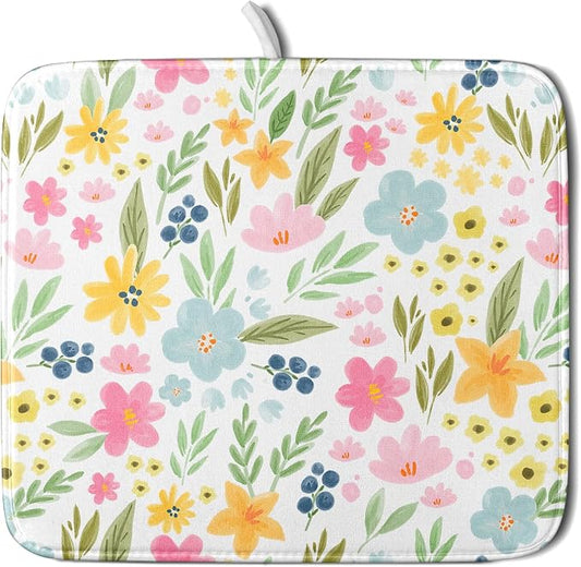 Spring Dish Drying Mat for Kitchen Counter Cute Floral Summer Holiday Microfiber Absorbent Dish Draining Reusable Washable Foldable 16"x18"