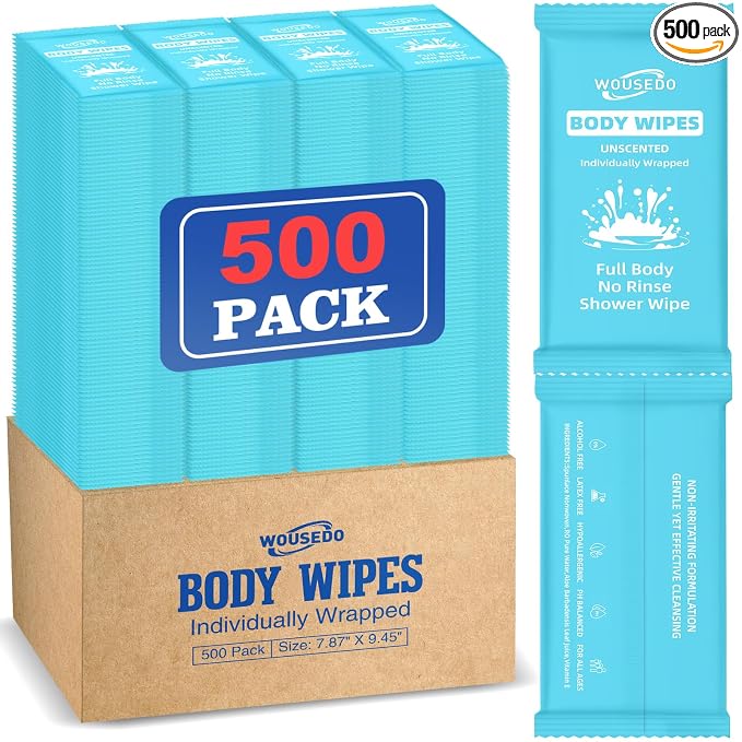 500 Pcs Ultra Thick Soft Large Body Wipes Individually Wrapped(7.87" x 9.45"),Shower Wipes for Adults Bathing No Rinse,Personal Cleansing Wipes for Travel Gym,Bulk Deodorant for Homeless(Blue)