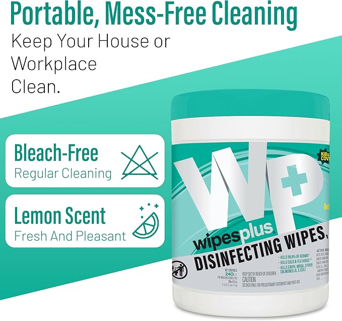 WIPESPLUS Disinfecting Surface Wipes Canister Bleach Free with Lemon Scent for Home and Business, 240 Count