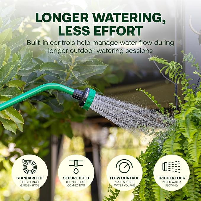 Rain Bird TRNZL8PWAND36 Watering Wand Garden Hose Nozzle, 36 Inch - Front Trigger with 8 Spray Patterns Flow Control Knob, Trigger Lock, Non-Slip Ergonomic Grip, 3/4 Inch GHT - Green and Black