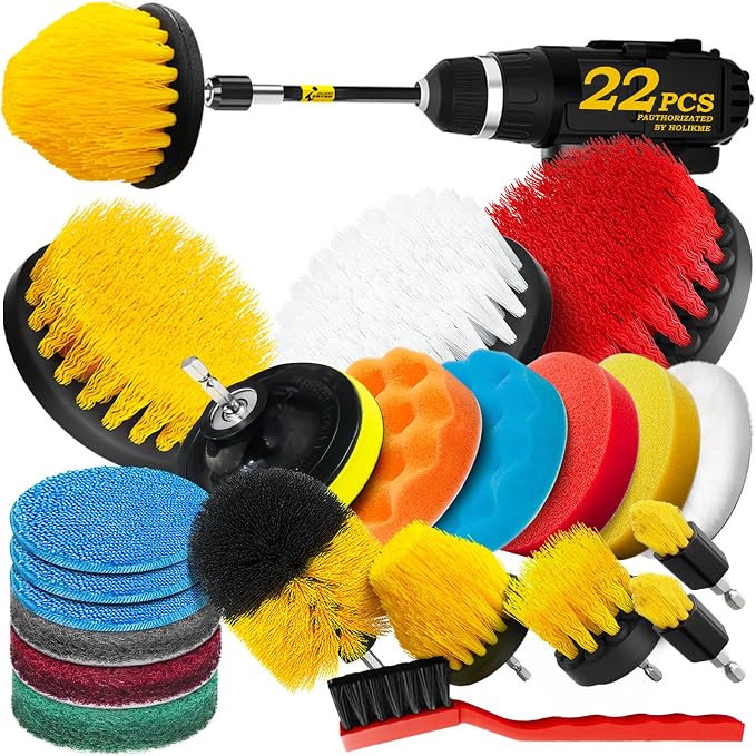 Holikme 22Pack Drill Brush Attachments Set,Scrub Pads & Sponge, Buffing Pads,Power Scrubber Brush,Car Polishing Pad Kit,Wax Applicator Pad,Car Cleaning Kit,Masonry Brushes,Cleaning Supplies | Buffing Sponges, Nylon Grout Tools, Microfiber Wax Pads, Til...