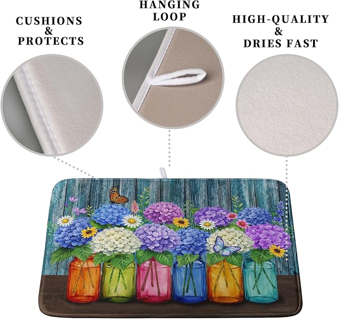 Hydrangea Dish Drying Mat Spring Summer Floral Jars Kitchen Drying Mats for Countertops Vintage Flower Vases Dish Draining Mat Microfiber Absorbent Dish Rack Pad 16x18 Inch