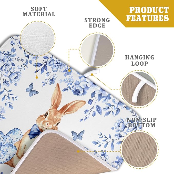 Vintage Microfiber Dish Drying Mat Blue Easter Floral Kitchen Drying Mats for Dishes 18 X 16