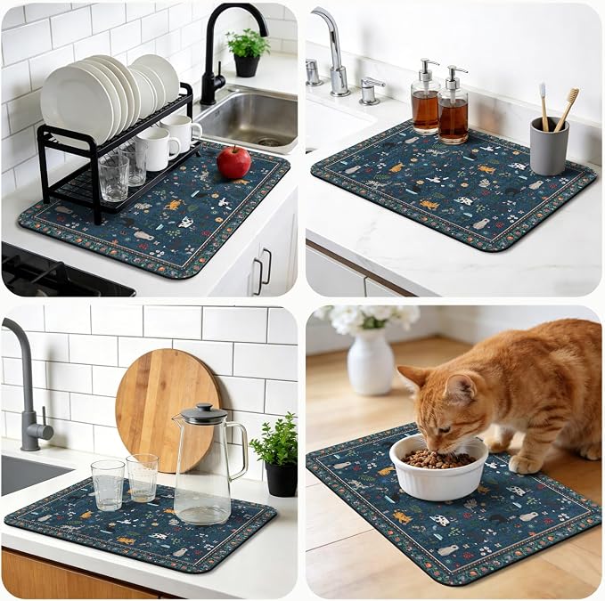 Dish Drying Mat, Vintage Rustic Boho Kitchen Dishes Absorbent Pad, 16x18in | Eco-friendly diatomite with non-slip rubber backing. Super absorbent mat for kitchen counters, coffee bars & sinks