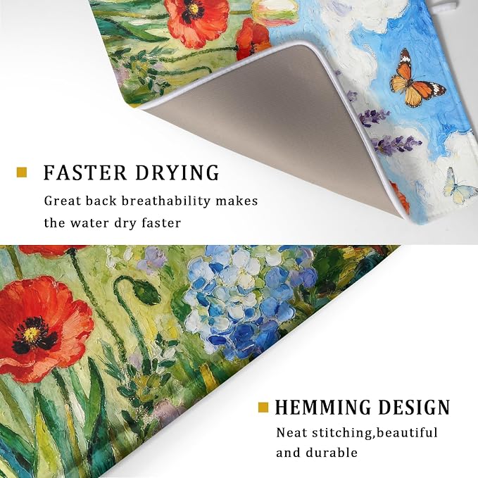 Spring Dish Drying Mat for Kitchen Counter 18x24, Floral Decorative Absorbent Reversible Microfiber Kitchen Countertop Protector Dishes Drainer Pad, Flower Butterfly