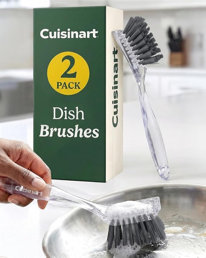Cuisinart Dish Brush with Handle, 2 Pack, Firm Bristles | Multi-purpose dish scrubber for plates, pots, and pans, deep cleaning removes grease, safe for nonstick, built-in scraper