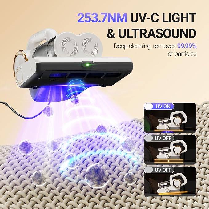 FEPPO Mattress Vacuum Cleaner, 16Kpa Bed Vacuum Cleaner with 253.7nm UV-C Light, 140°F Heat, HEPA Filter & Ultrasonic, Versatile Handheld Vacuums for Bed, Sofa, Couch, Crib(Corded, 500W)